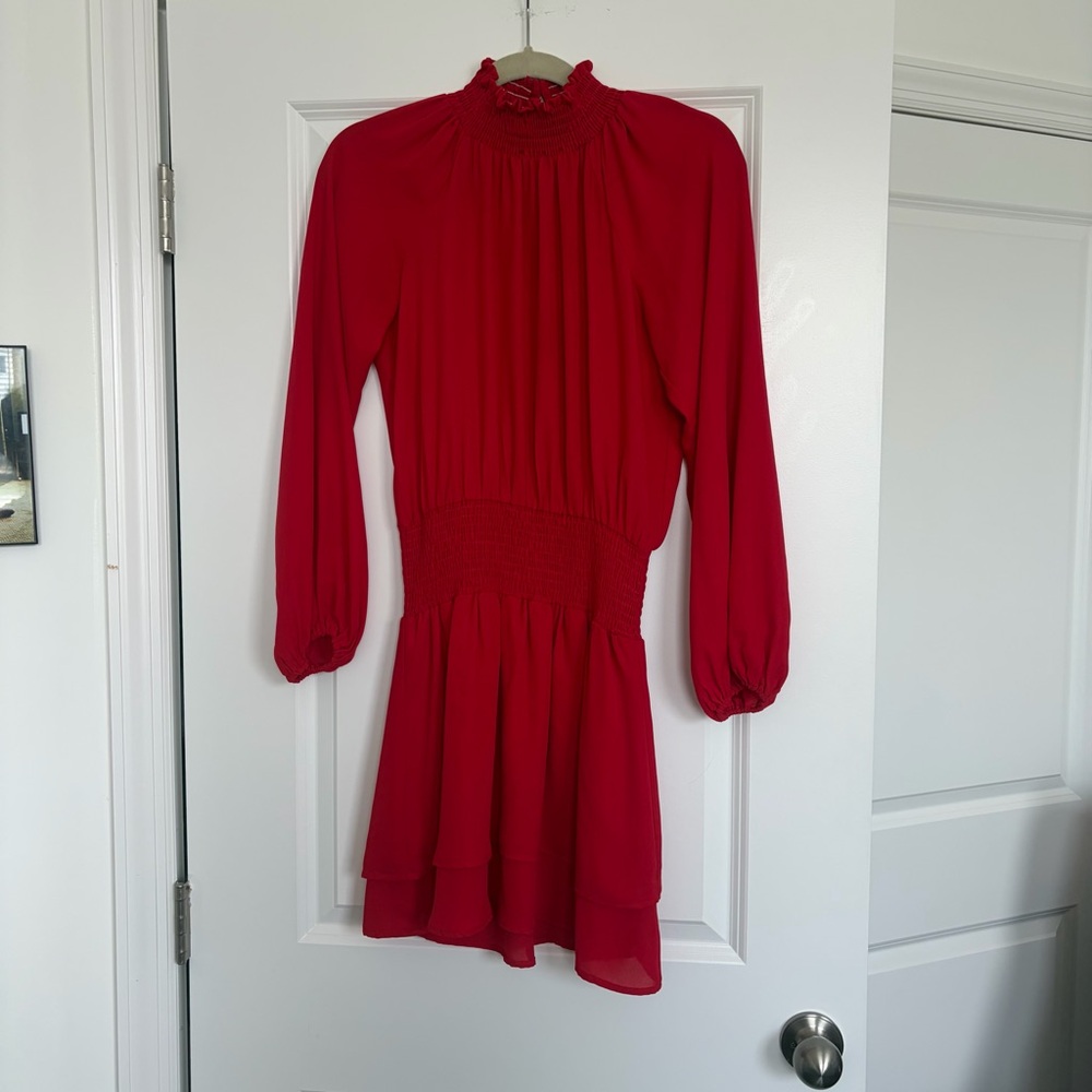 Veronica M Red Long-Sleeve Shirred Waist Mini Dress